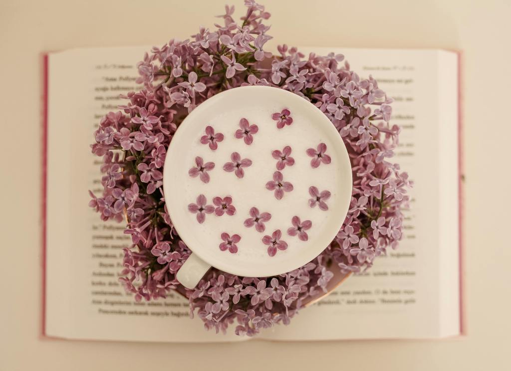 lavender flowers in a latte on a book